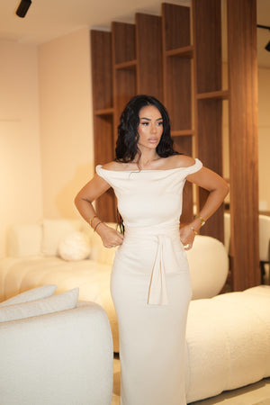 elegant off shoulder beige dress