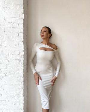 woman in white long sleeve midi dress