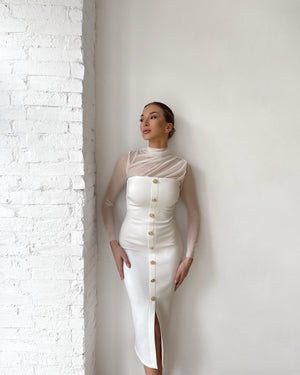 white button down bodycon dress with sheer sleeves