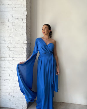 blue one shoulder floor length dress
