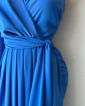 blue wrap dress close up