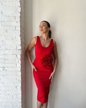 red sleeveless dress with floral detail