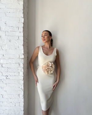 elegant cream dress with floral detail