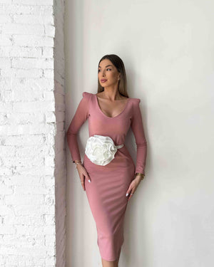 pink slim fit dress with white flower accent