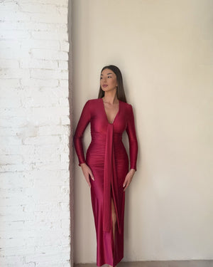 elegant long sleeve red dress with slit