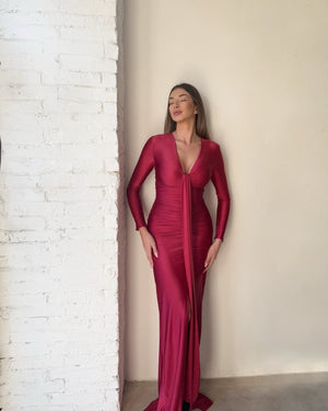 elegant red maxi dress with long sleeves