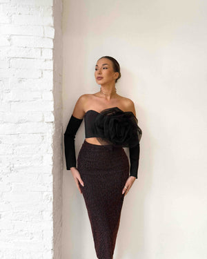 elegant off shoulder black dress with floral detail