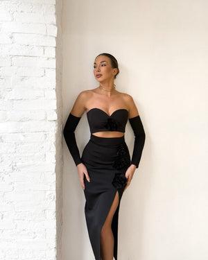 black floral two piece evening dress with thigh slit