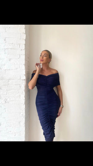 elegant navy off shoulder ruched dress