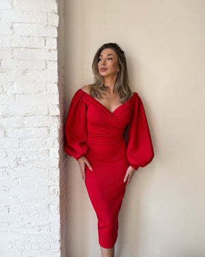 red off shoulder dress with balloon sleeves