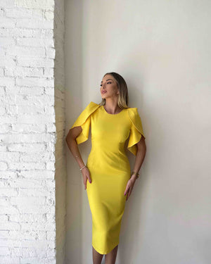 woman in yellow ruffle sleeve dress against brick wall