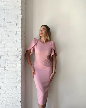 pink midi dress with ruffle sleeves