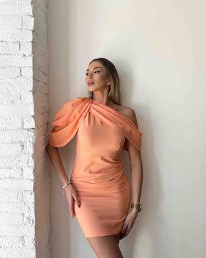 peach asymmetrical one shoulder dress