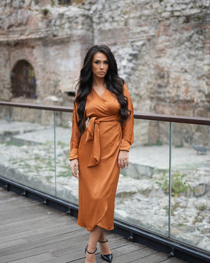 long sleeve brown wrap dress on model outdoors