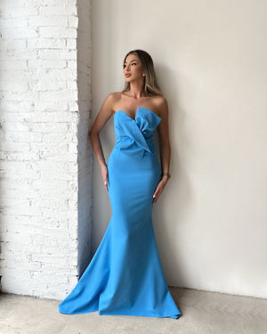 strapless blue evening gown