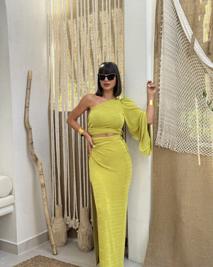 lime one shoulder maxi dress with slit