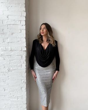 black draped top and silver sequin skirt outfit