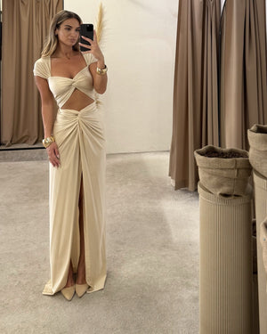 elegant beige cutout evening dress