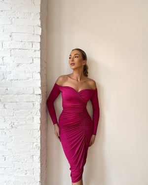 pink off shoulder ruched dress