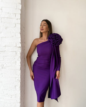 purple one shoulder dress with floral design