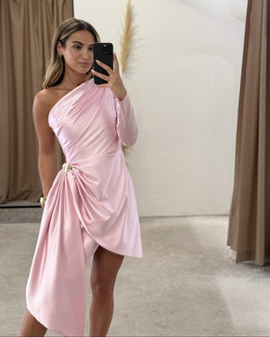 woman wearing pink one shoulder satin dress
