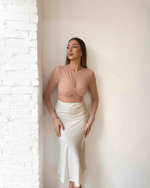 elegant long sleeve dress in neutral tones