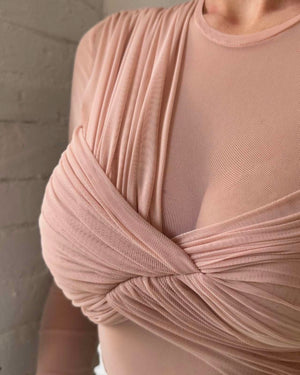 blush mesh dress with ruched detail