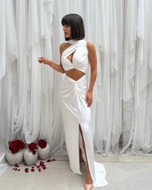 white cutout evening gown with red roses