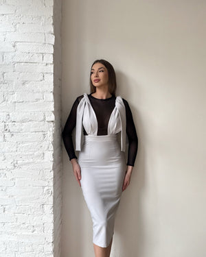 white pencil dress with black mesh top