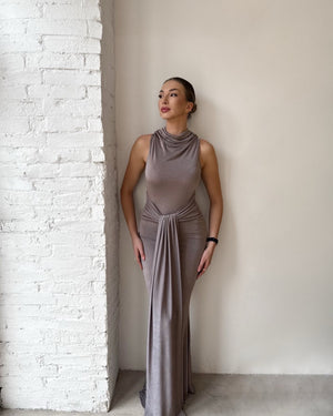 elegant floor length gown with draped neckline
