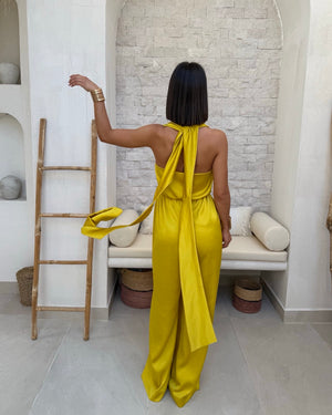 yellow halter dress with open back