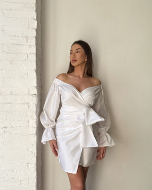 white off shoulder wrap dress with bow and bell sleeves