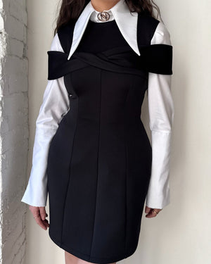 black dress with white collar and sleeves