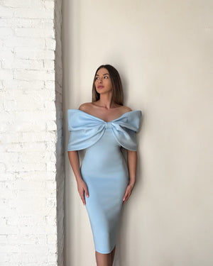 light blue off shoulder dress with bow design