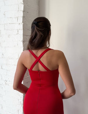 back view cross strap red dress