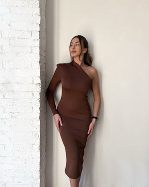 one shoulder brown dress fashion model pose